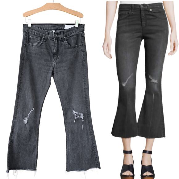 Rag & Bone 10 Inch  Crop Flare Jeans Size 26 in Blackthorne Distressed Black - Picture 1 of 12